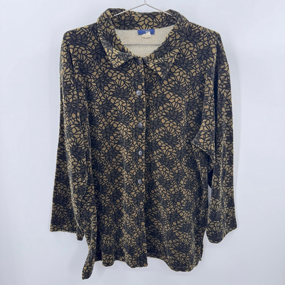 Rag Vintage Y2K Velvet Tunic Top Black Olive Lotus Flower Made in USA Whimsigoth